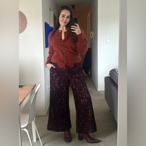 Anthropologie Burgundy Lace Wide-Leg Pants